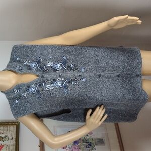 Embroidered & Beaded Gray Wool, Angora, and Silk Blend Knit Vest